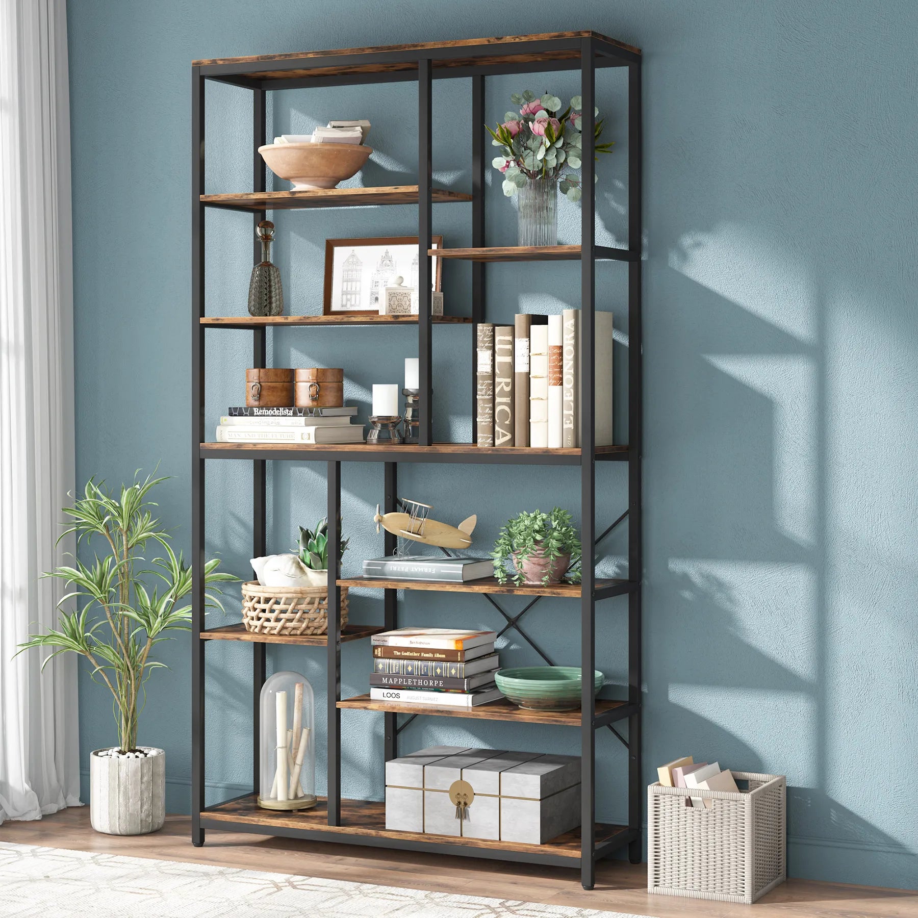 Tribesigns 79 Inches Bookcase with Open Shelves 9-Tier Industrial Bookshelf 10 Cubes Etagere Storage Shelves Display