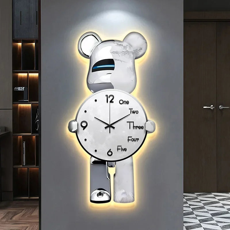 Aesthetic Bear Wall Clock LED Lamp Unique Bear Silent Watch Sconce Luxury Porch Livingroom Decoration Interior Light