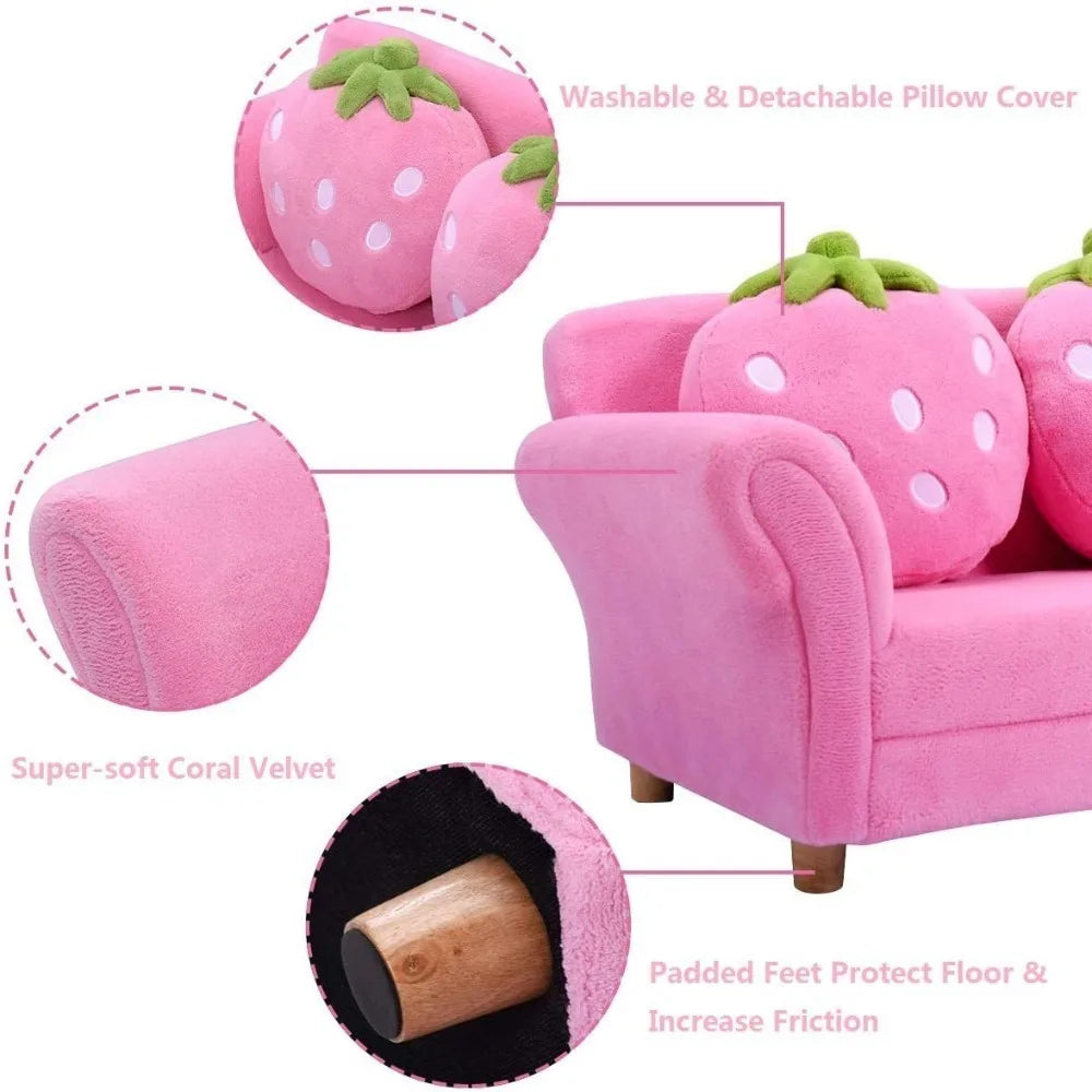 Pink Double Seat Sofa w/2 Strawberry Pillows children Sofa Chair for Bedroom Living Room Large Soft Loveseat Living
