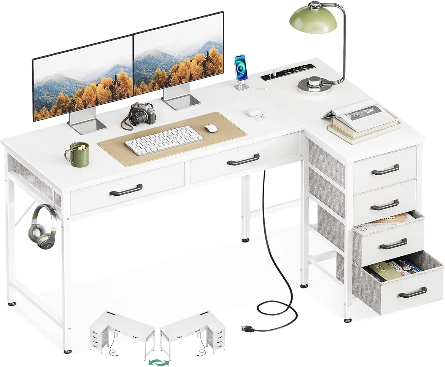Kids Study Desk: 50 Inch L-Shaped Home Office Desk with 6 Drawers and Power Outlets - White / United States