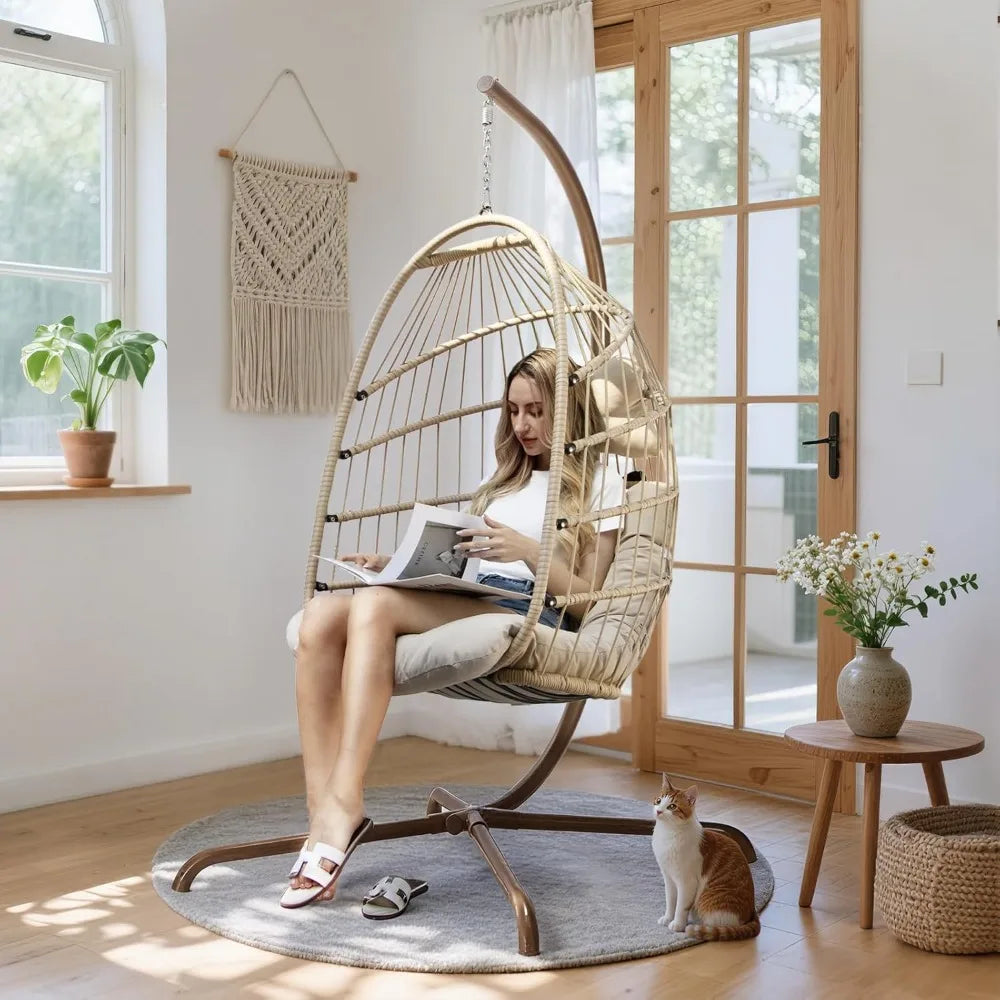 Cozy Hanging Egg Chair with Stand Indoor Outdoor Wicker Patio Basket Swing Chair with Cushion and Golden Legs 350lbs