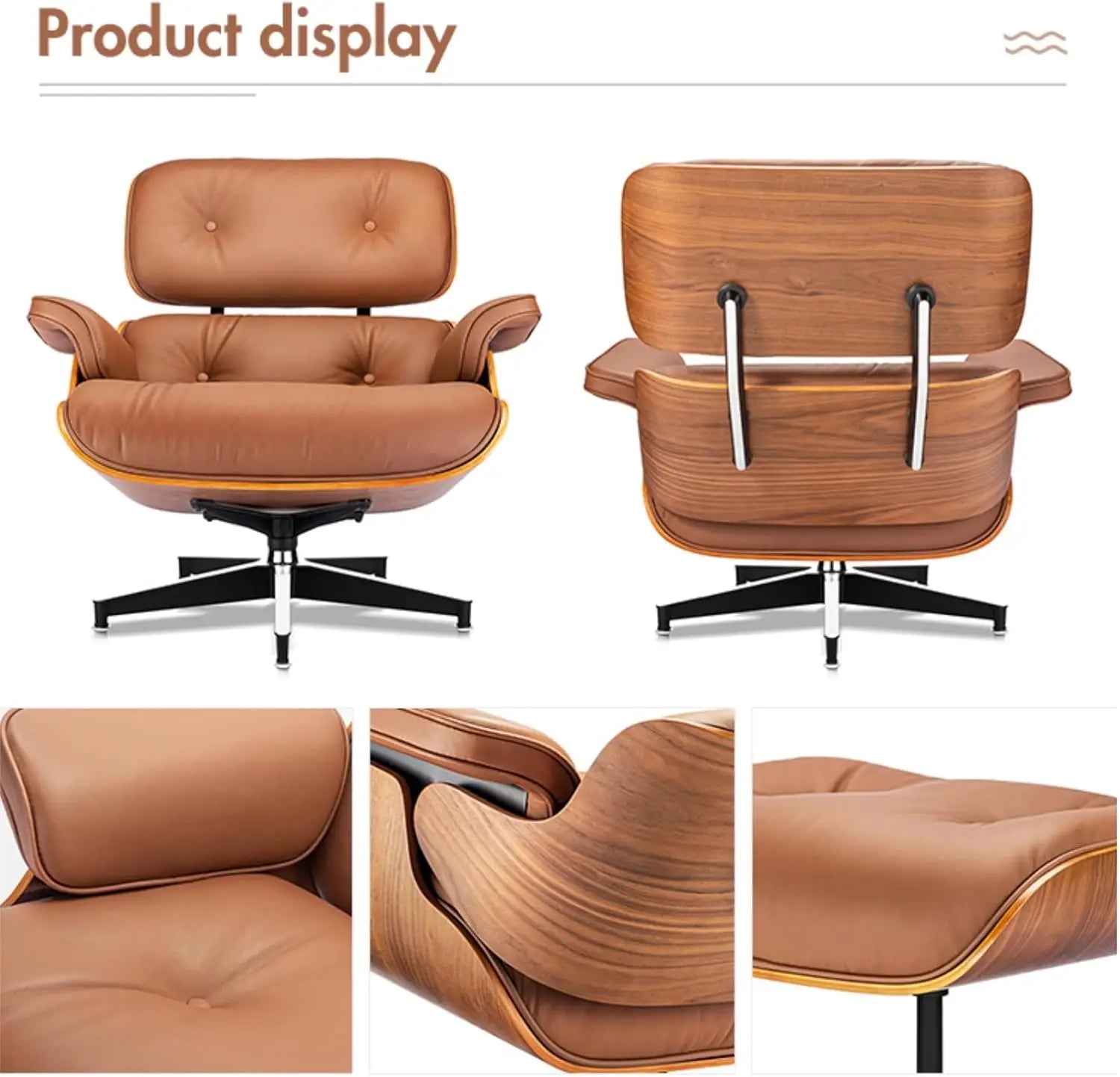 Mid Century Chaise Lounge Chair with Ottoman Top Black Grain Leather,Modern Office Chair Classic Design,Heavy Duty Base