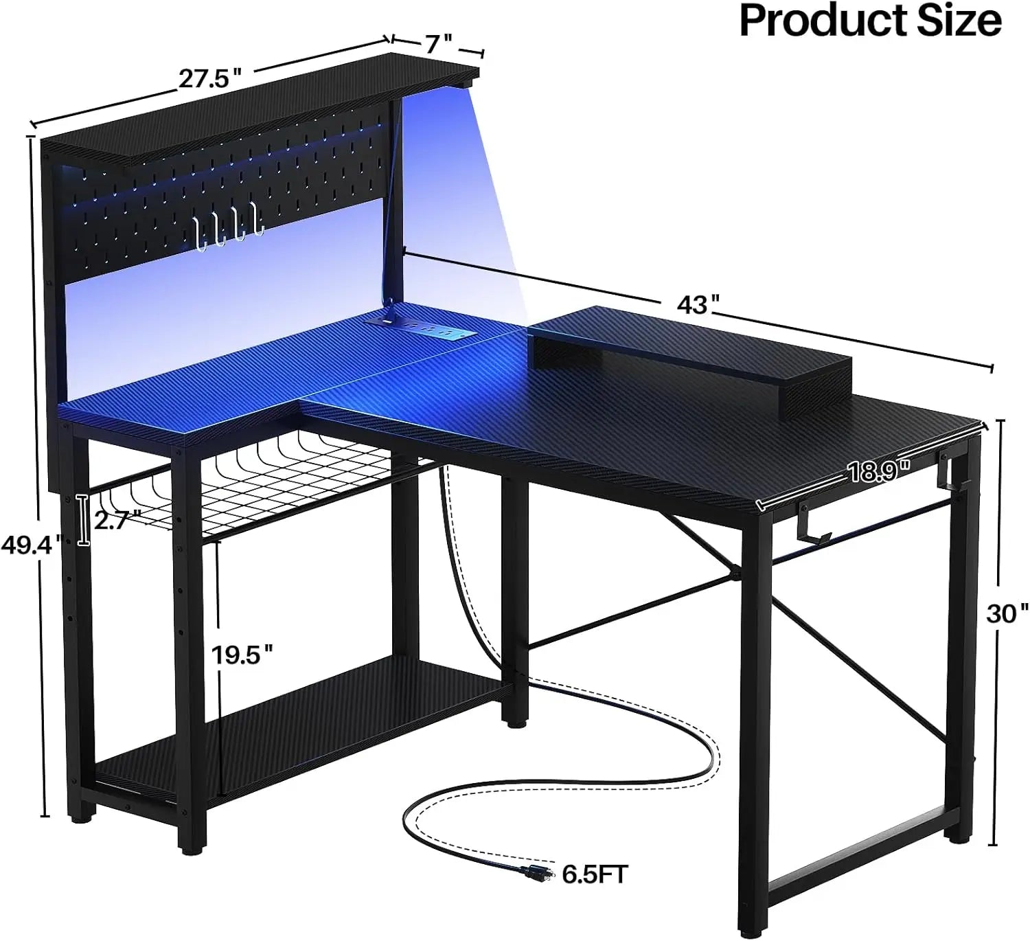 Small Gaming Desk with Power Outlets Pegboard LED Light 43 Inch L Shaped Computer Desk with Monitor Stand Storage