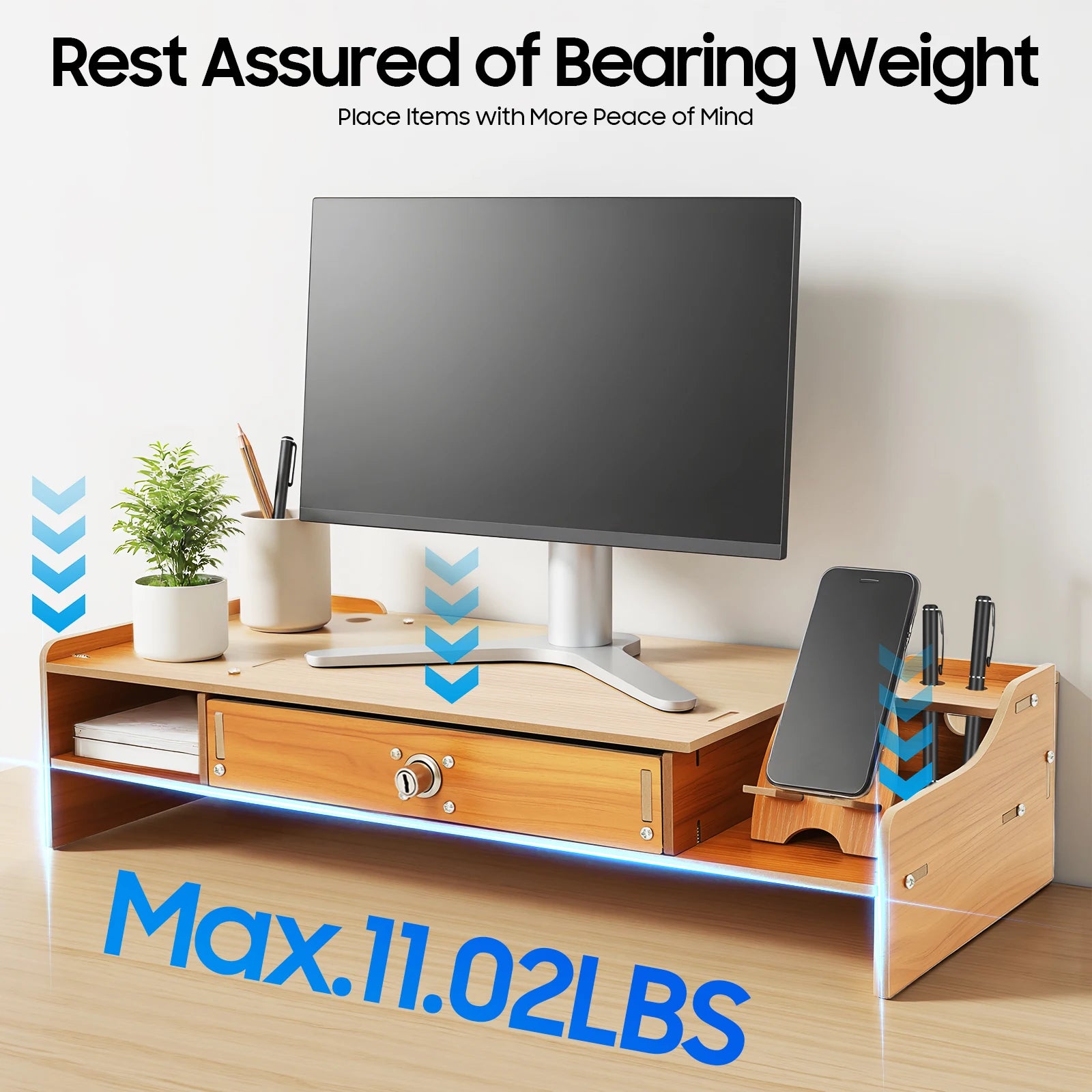 Wood Computer Monitor Stand MDF Wear-resistant Computer Rack with Lockable Drawer for Home School Office