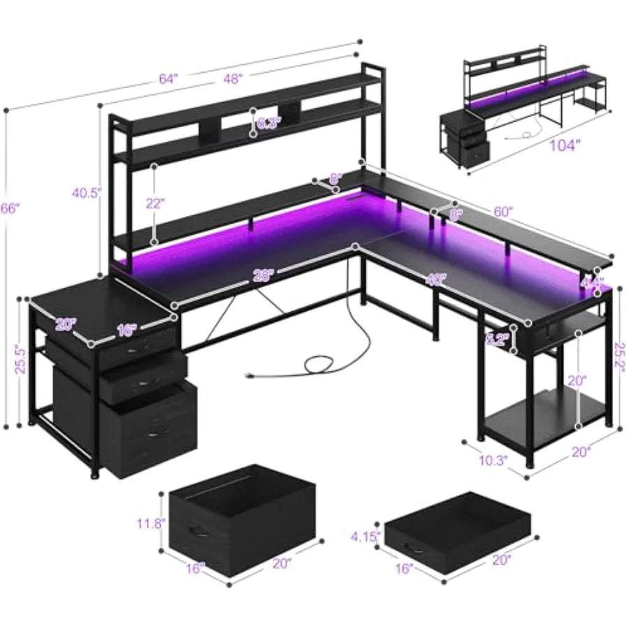 64 x 60 Inches L Shaped Desk with Hutch and Drawers Reversible Corner Computer Desk with Monitor Shelf Two Person Desk