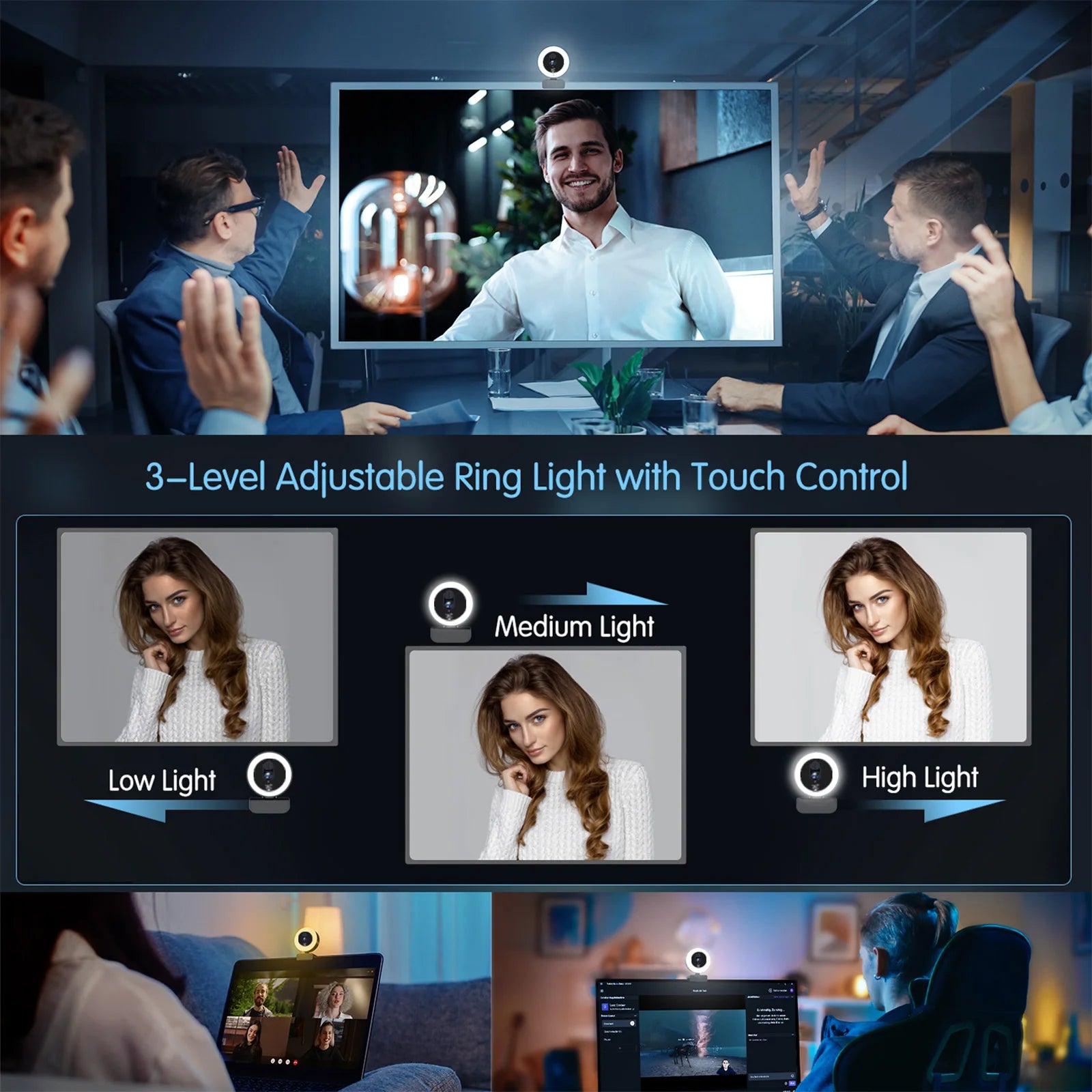 EXHQDR 4K/1080P USB Webcam with Auto Focus Ring Light Privacy Cover Tripod Type-C for PC Zoom Streaming Meeting