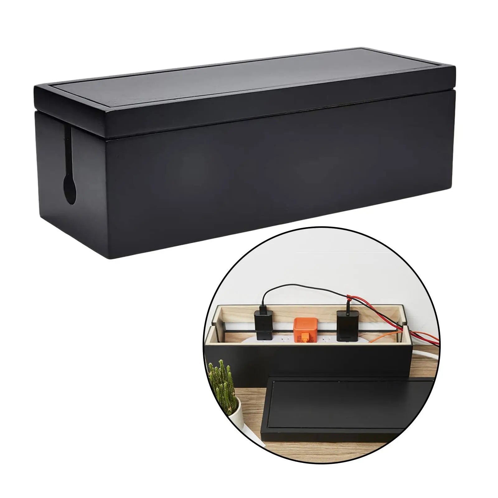 Cable Management Box 14.8x5.6x4.8 inch Wooden Case Cord Organizer for Desk TV - Black