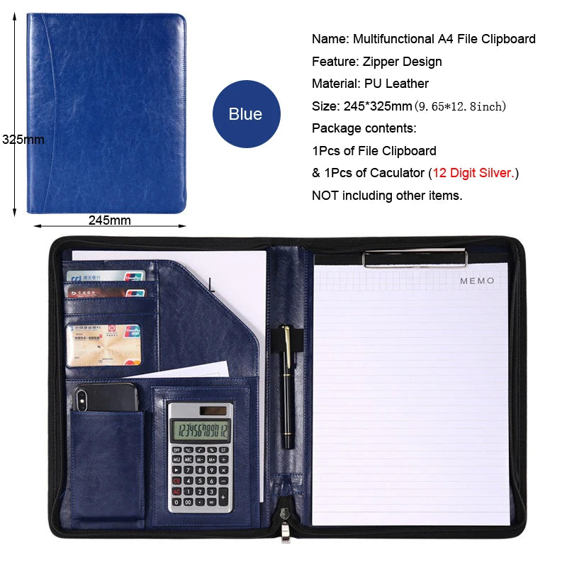 Multifunctional A4 Leather Conference Portfolio Folder for Document Organizer Zippered Man Executive Folder Briefcase