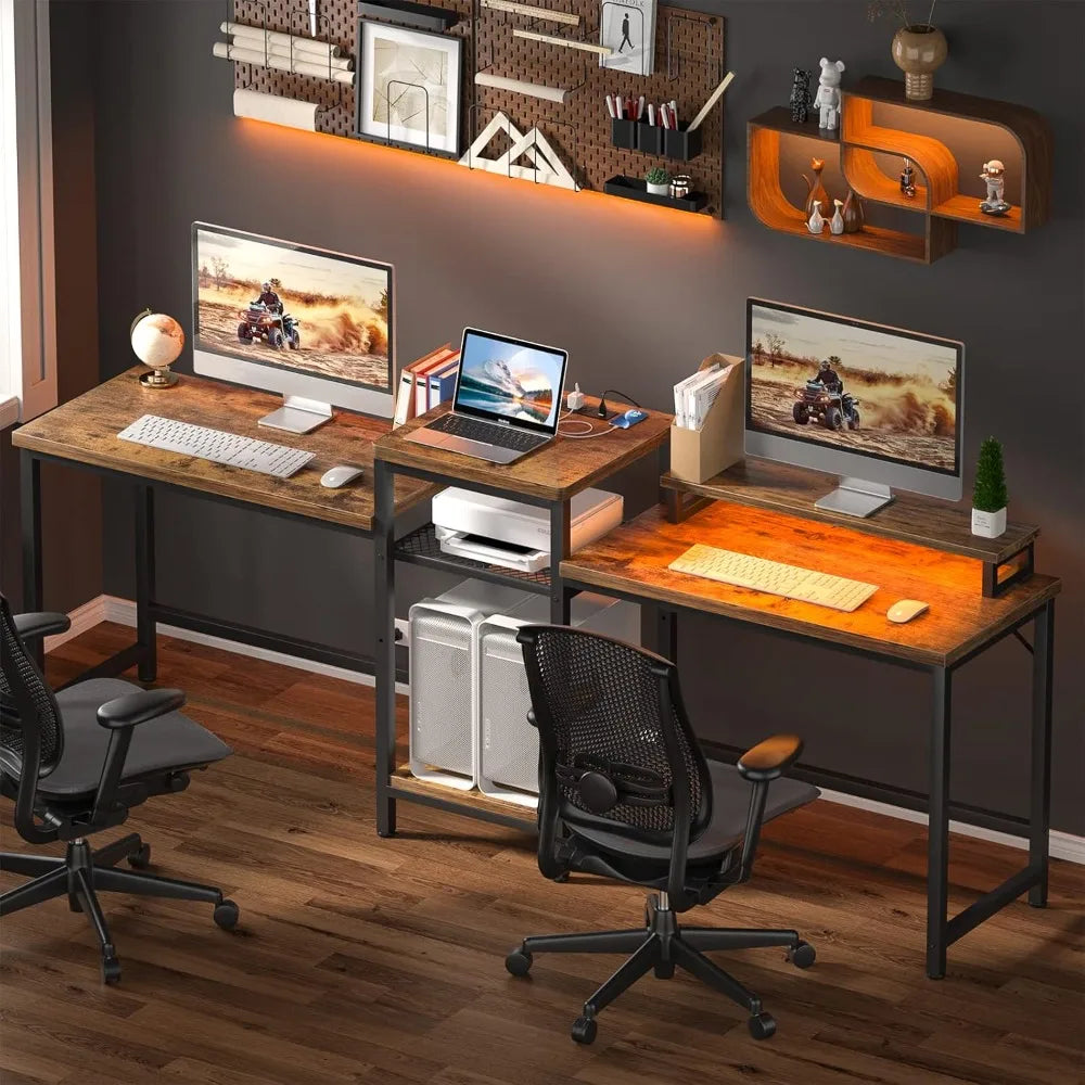 double computer desk with led strip and power outlet 2 person desk with monitor stand and storage ergonomic computer