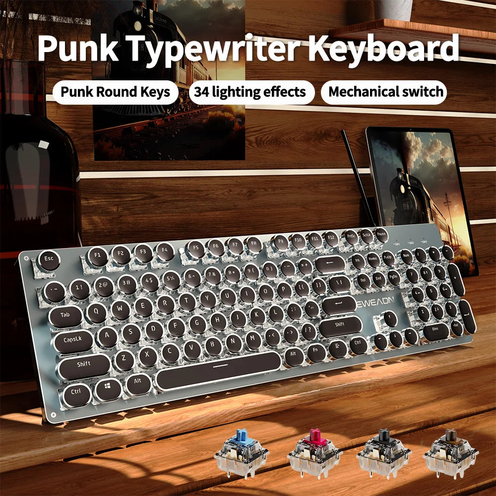 EWEADN TK100 Punk Typewriter Mechanical Gaming Keyboard 104Keys with LED Backlit USB Wired Keyboards for Windows Laptop