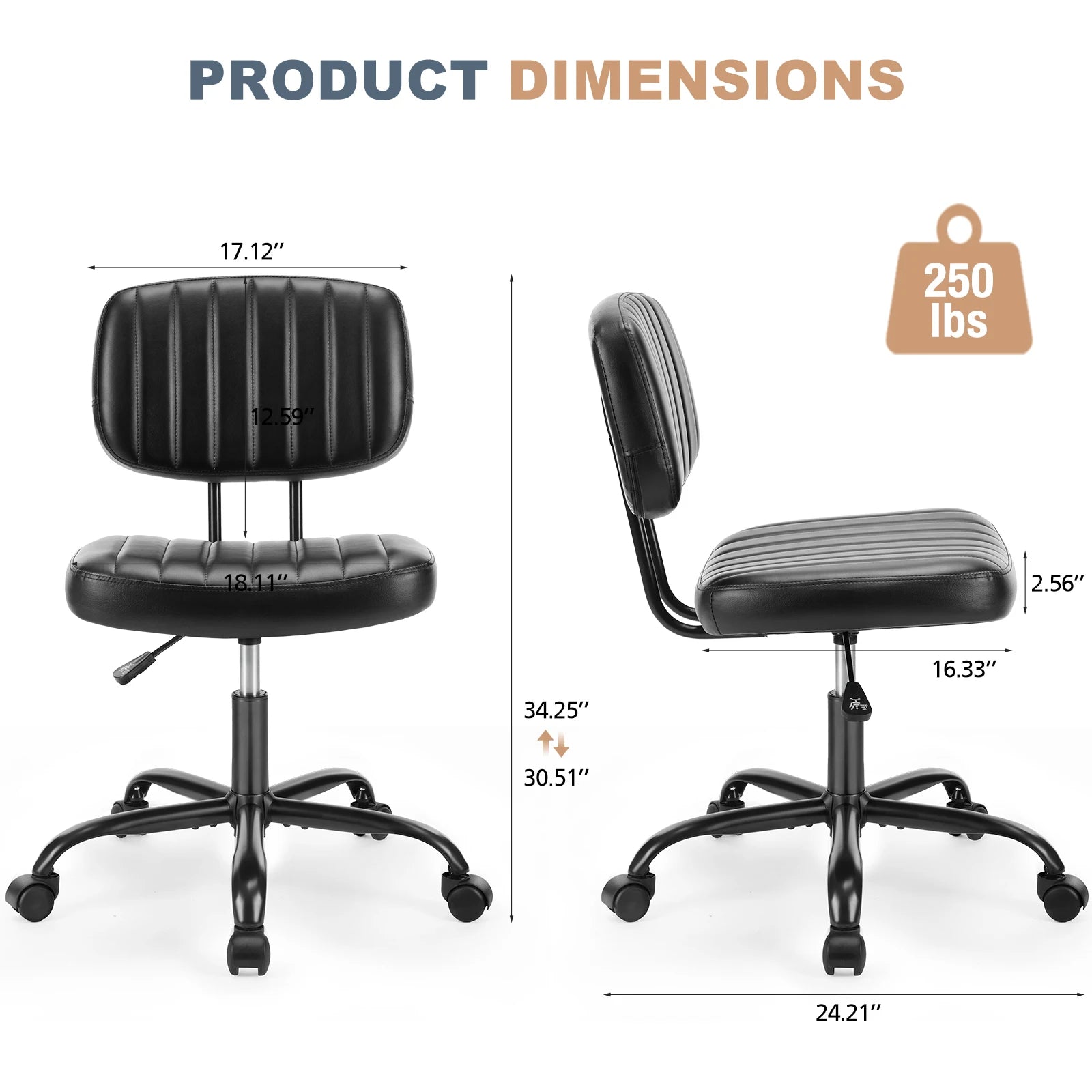 JHK Armless Office Desk Chair Back Lumbar Support Height Adjustable PU Leather Computer Chair with 360° Swivel Rolling