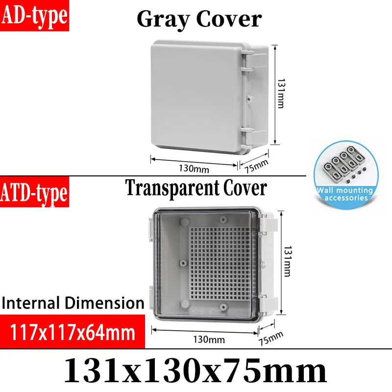 ABS plastic junction box AD type outdoor waterproof junction box - 131x130x75mm / Grey cover