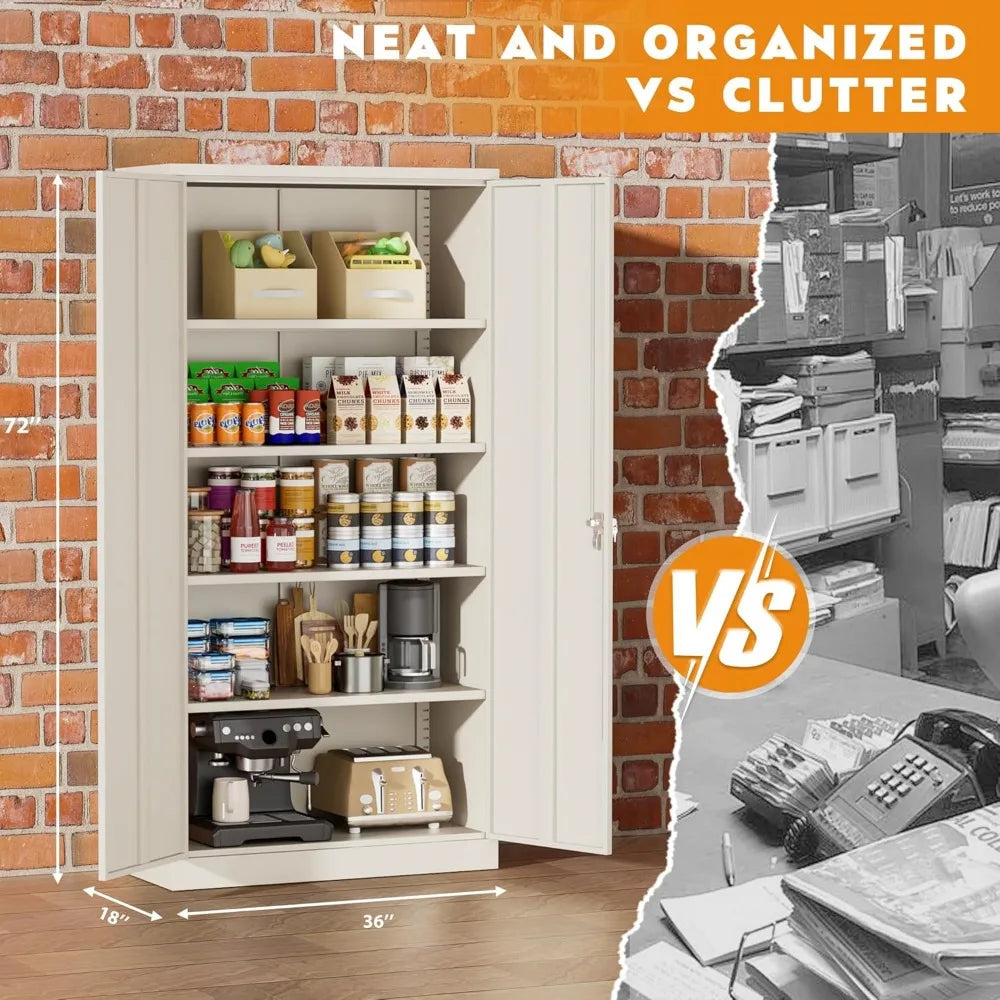 Metal Storage Cabinet with Doors and Adjustable Shelves,72’’Locking Tool Steel Garage Cabinet,Utility Metal Filing