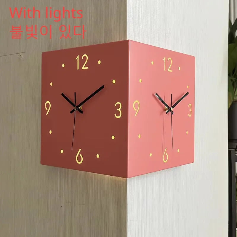 Creative Light Sensor Corner Wall Clock Square Simple Double Sided Wall Clock with Arabic Numeral Scale Analog Silent