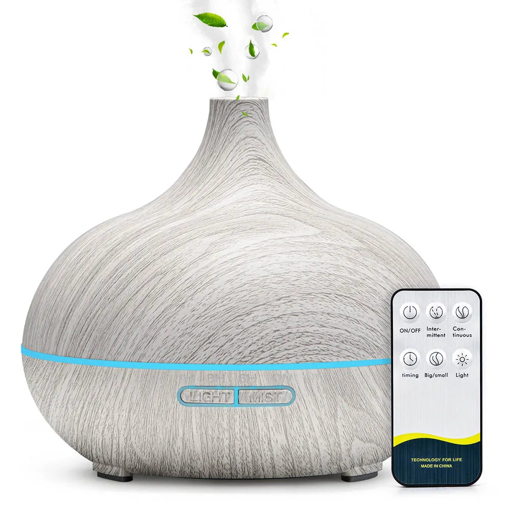 500ML Aromatherapy Essential Oil Diffuser Wood Grain Remote Control Ultrasonic Air Humidifier Cool with 7 Color LED