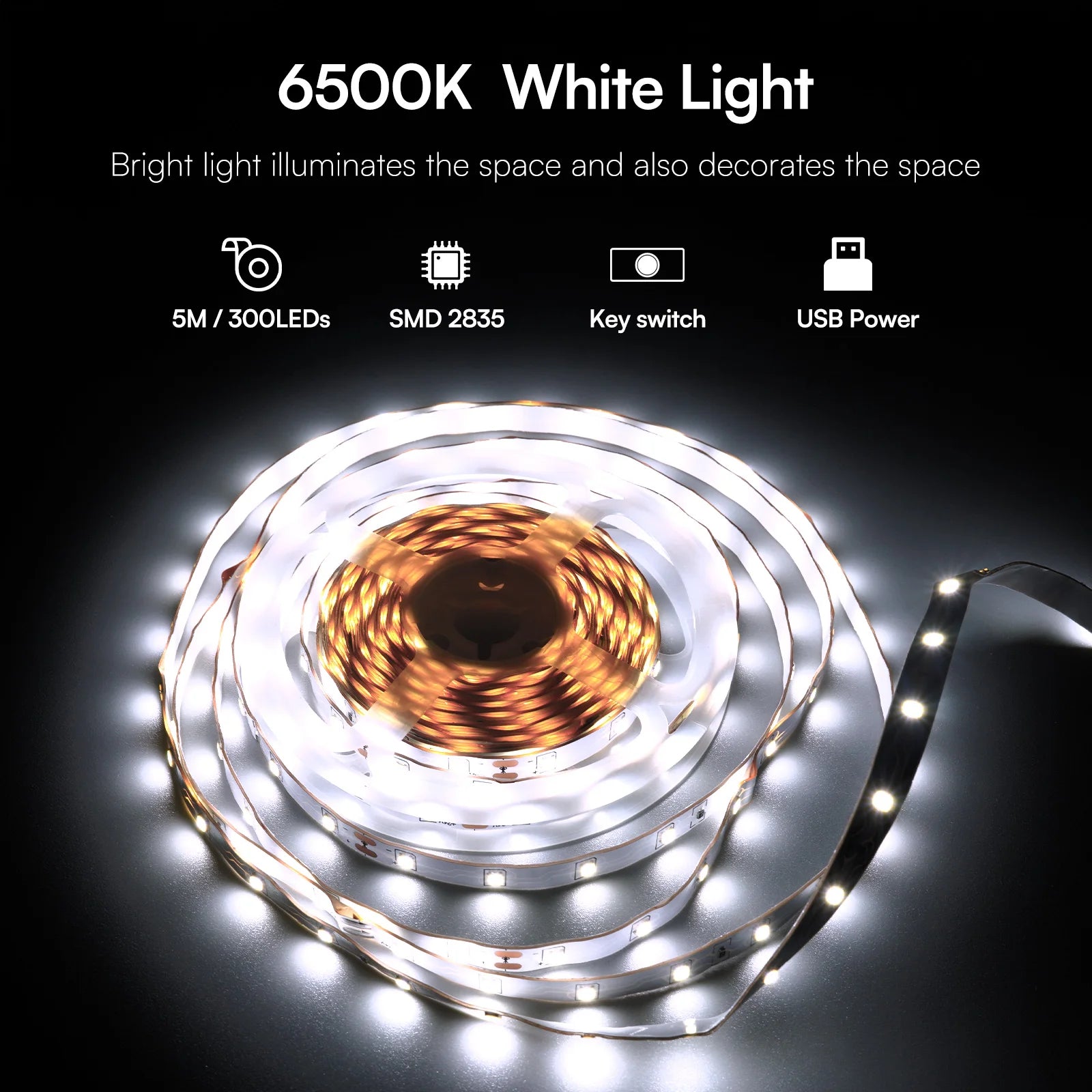 White LED Strip Light 16.4FT 5V USB Light Powered Flexible SMD2835 Tape Lights for Bedroom TV Backlight Kitchen Mirror
