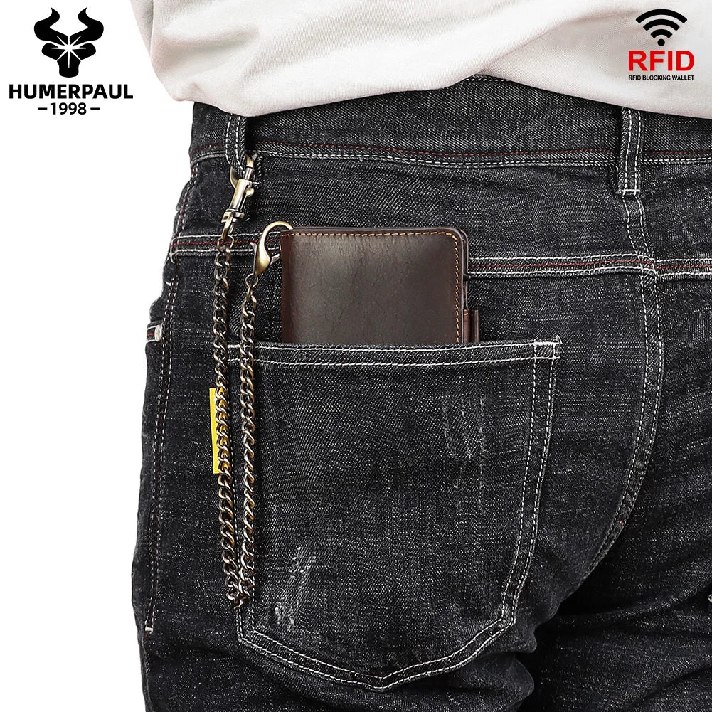 Crazy Horse Leather Card Holder RFID Blocking Card Case Smart Pop-up Cardholder Fashion Men’s Wallet with Long