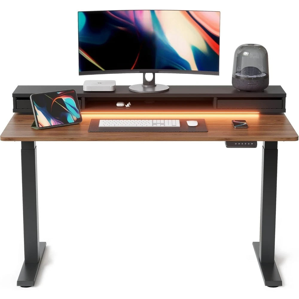 Height Adjustable Electric Standing Desk with Double Drawers Stand Up Desk with LED Strips Sit Stand Desk with Monitor