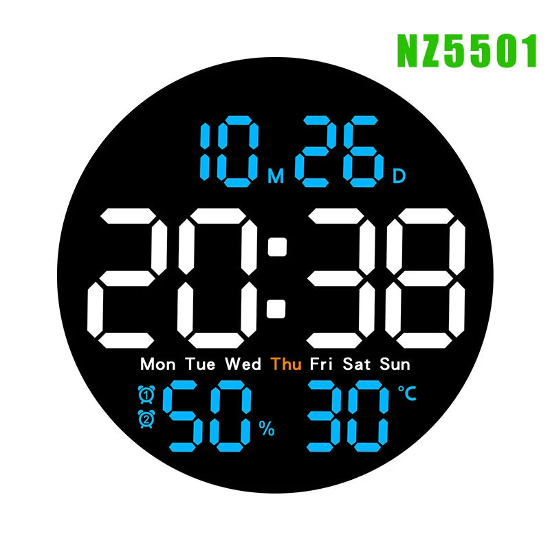 Remote Control LED Wall Clock with Dual Alarms,Calendar and Temperature Display for Home Decoration.Brightness