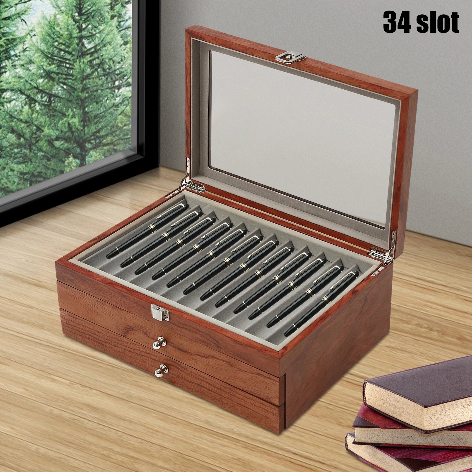 34 Slots Wood Fountain Pen Display Case & Transparent Top Lid Rosewood Box Holder Storage Organizer for Christmas Gift