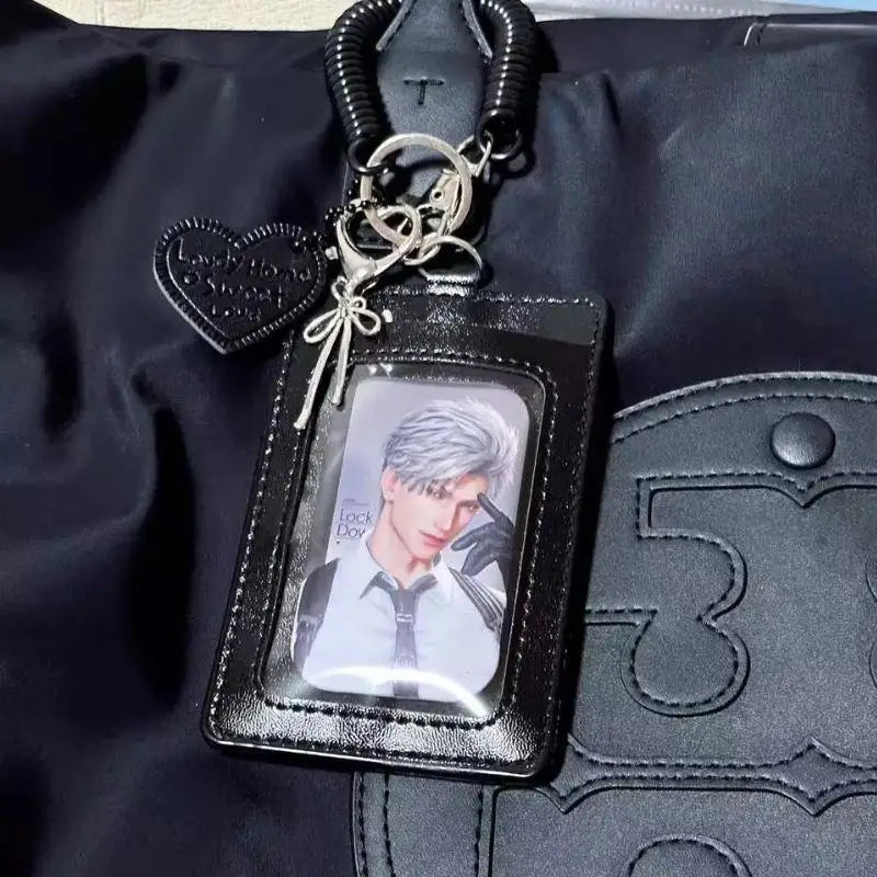 Black PU Leather Silver Cat Bow Pendant Photo Card Holder Student Campus Card ID Card Holder Campus Card Holder Keychain