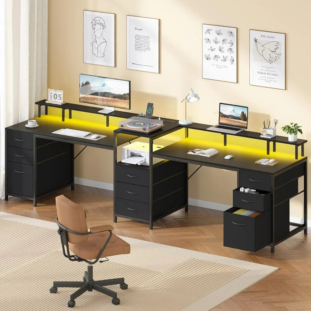 98.4’’ Long Computer Desk with 9 Drawers 2 Person Gaming Desk with LED Lights & Power Outlet Two Person Home Office