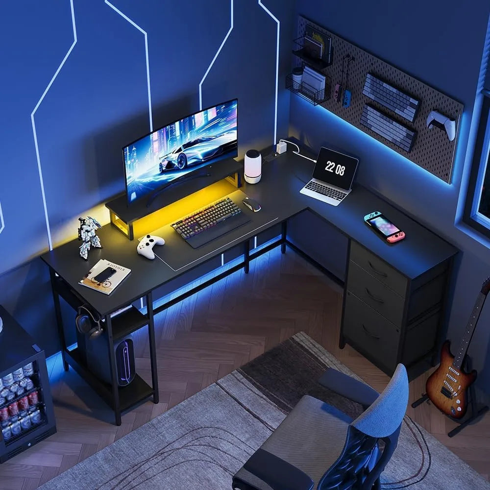 60 inch L-shaped gaming table with drawers and storage space L-shaped gaming table with LED lights computer desk