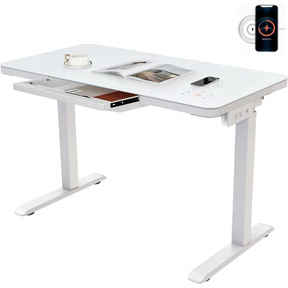 Electric Standing Desk with Drawer Adjustable Height Sit Stand Desk with Tempered Glass Top Touchscreen Controller