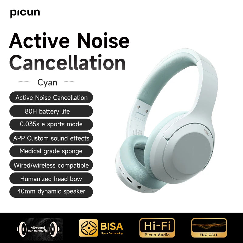 Picun F1 ANC Wireless Bluetooth 5.4 Hi-FI Audio Headphones 43dB Adaptive Noise Cancelling Headsets 40mm Driver 80H