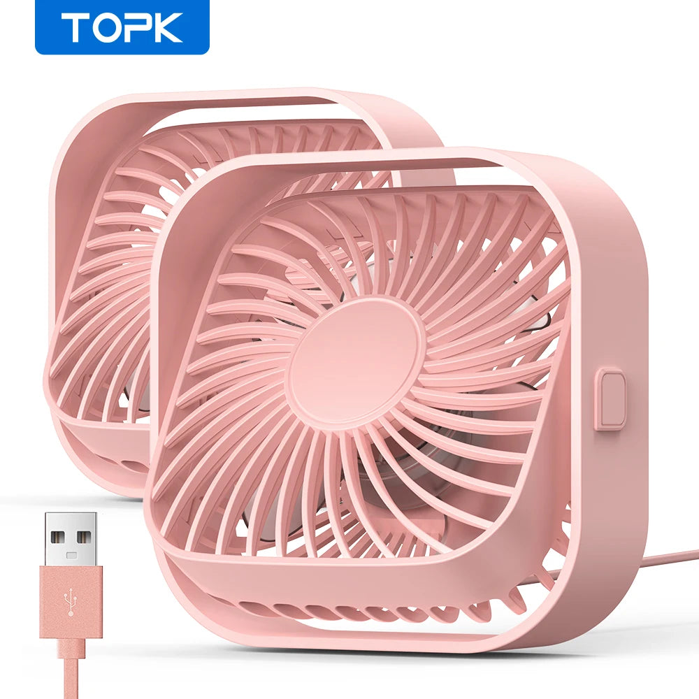 TOPK USB Desk Fan,[2Pack] Mini Fan Strong Airflow & Quiet Operation,360° Rotatable Head 3-Speed Wind Small Cooling Fan