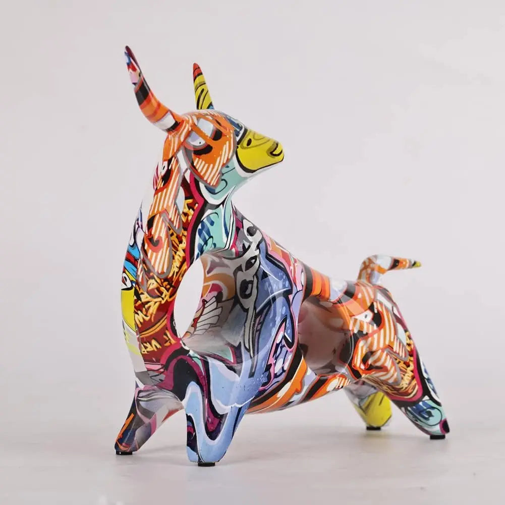 Resin Bull Statue Painted Colorful Cattle Figurine Animal Ox Sculpture Desktop Living Room Office Ornament Home Decor
