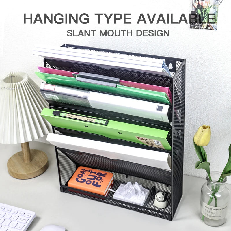 Mesh wall file storage rack 5-layer vertical mounting rack Magazine rack with bottom flat tray side closed black