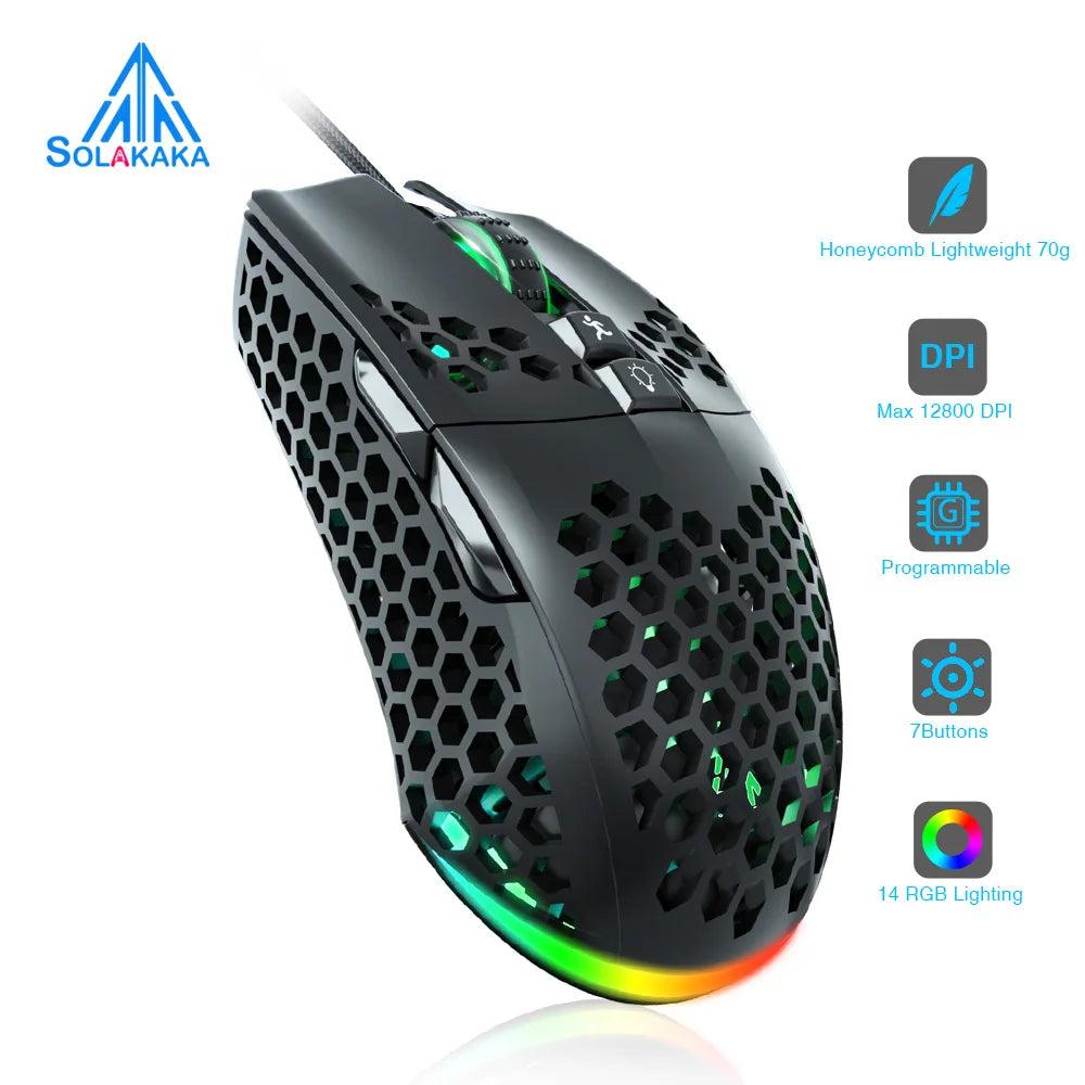 SM900 Wired Gaming Mouse Low Latency 12800 DPI 7 Buttons Macro Software Honeycomb Mice for PC Laptop - Black / United