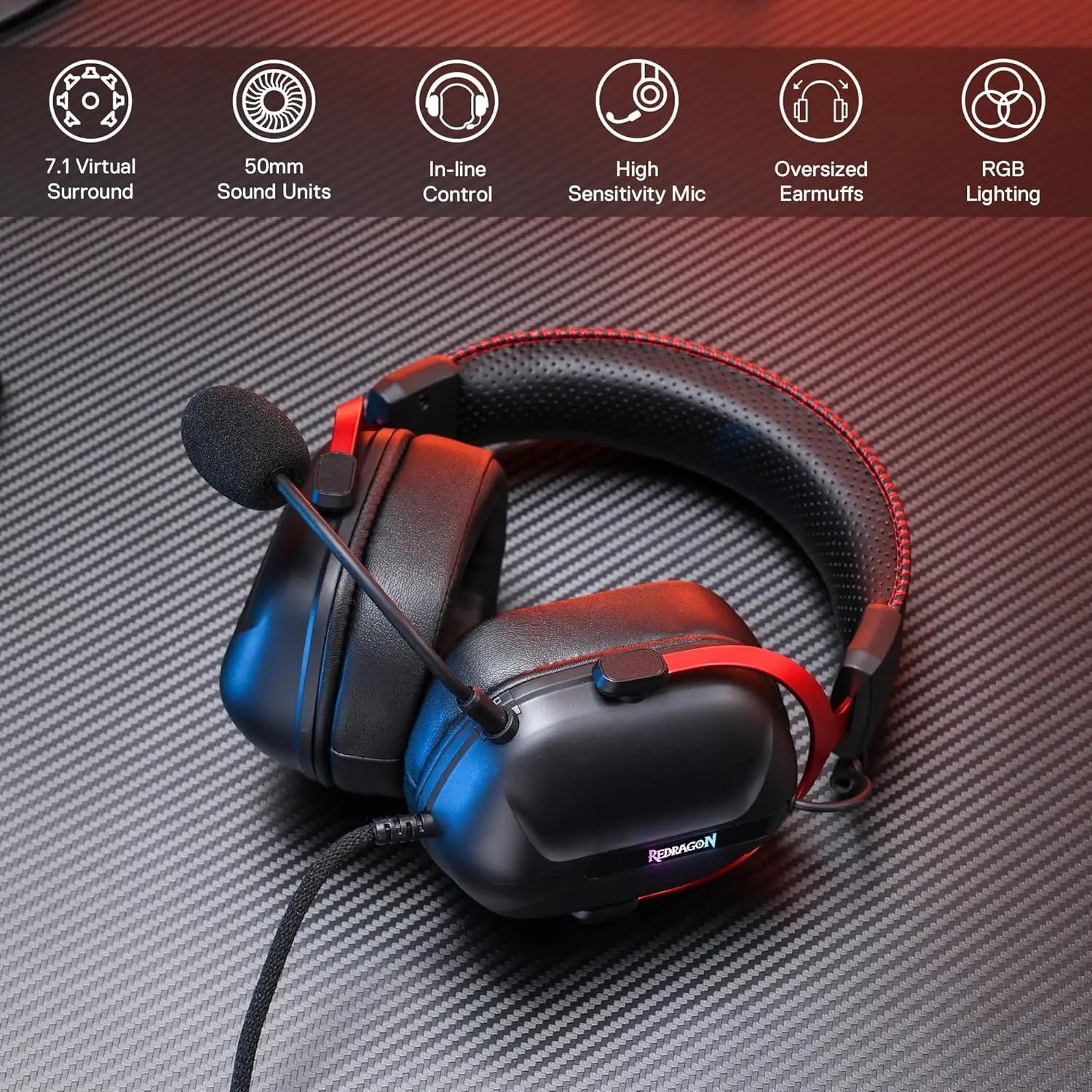Redragon H312 Wired Gaming Headset 7.1 Surround Sound 50 mm Drivers Noise-canceling Microphone Over-Ear Headphones