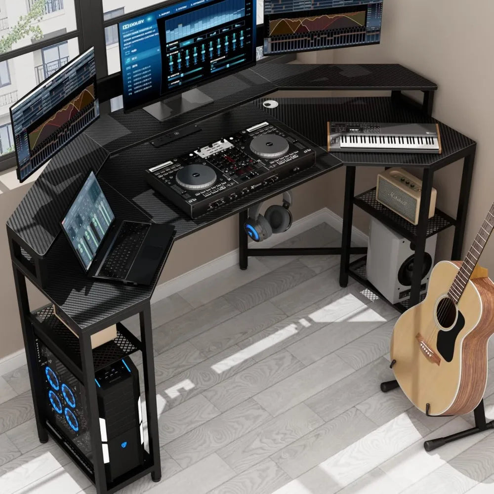 Computer Desk with Power Outlet & Led Light 63’’ Large Wing-Shaped Gaming Desk with Full Monitor Stand Wireless