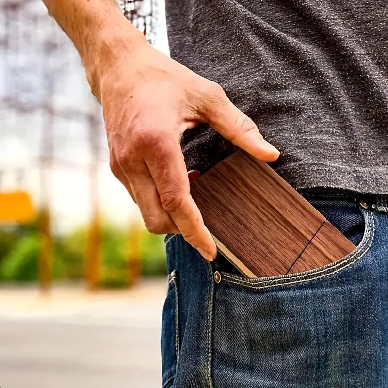 1Pc Portable Black Walnut Business Card Holder Men’s Solid Wood Business Card Box Magnetic Switch Wooden Box - 1 pc