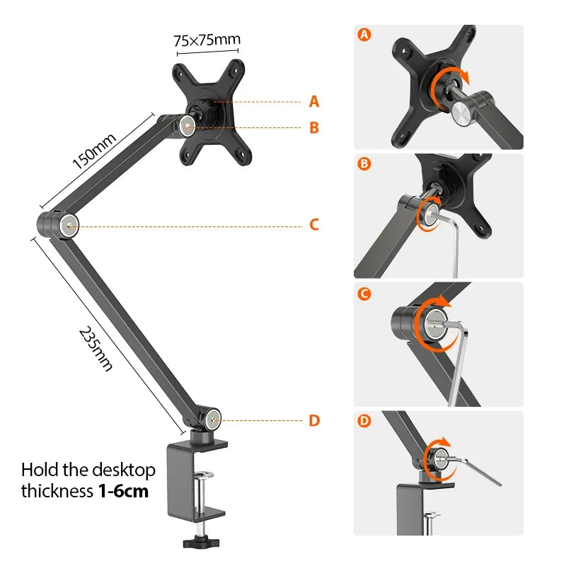 Portable Monitor Mount Stand Holder 75*75 VESA For 7-18 inch Screen 360 Degrees Rotate Height&Angle Adjustable