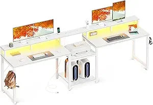 98 Inch 2 Person Gaming Desk with Storage Shelves- Long Double Home Office Computer Desks with USB Charging Port & LED