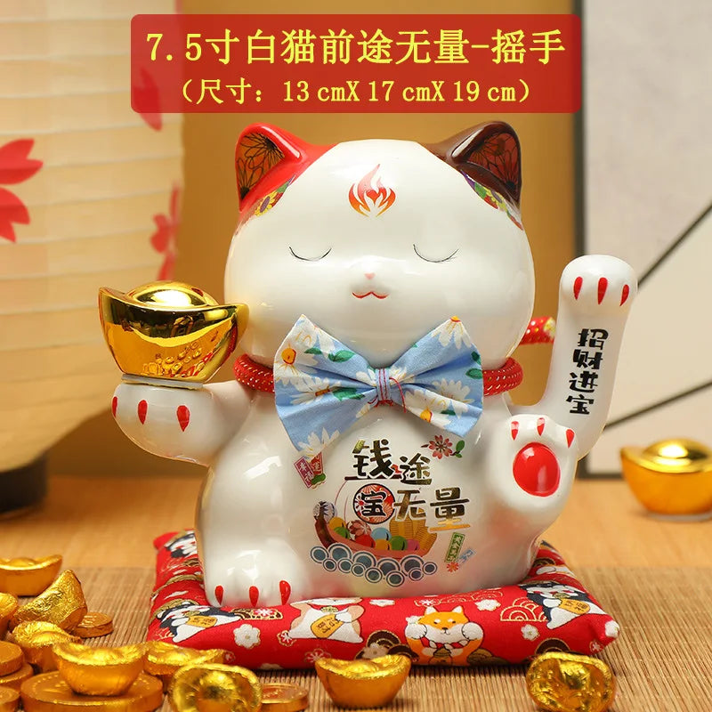 7.5inch Ceramic Beckoning Cat Maneki Neko Ornament Feng Shui Decoration Swing Lucky Cat Cashier Recruitment Cat Desk