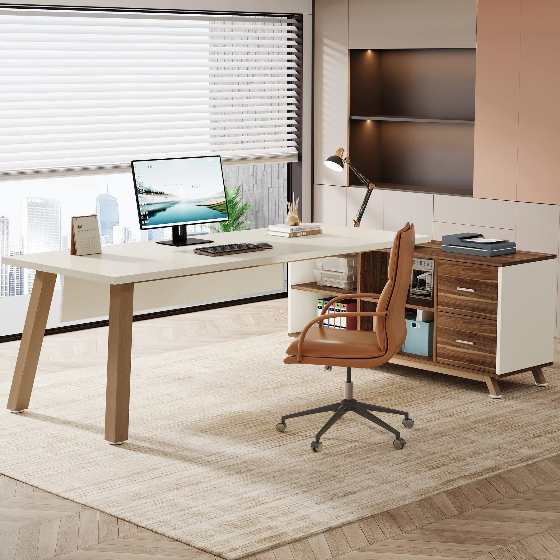 Tribesigns 78.7-Inch Executive Desk L-Shaped Desk with 55-Inch Cabinet Large Office Desk with Storage Shelves