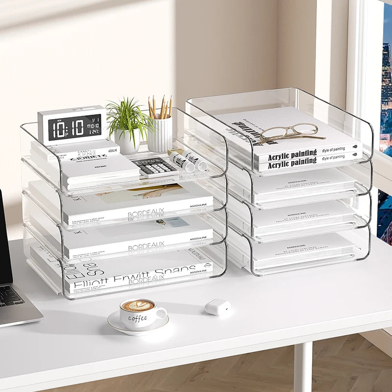 Desk Organizer with 2 Vertical File Holder 4 Tier Stackable Paper Letter Tray File Organizer with Pen Holder,Desk