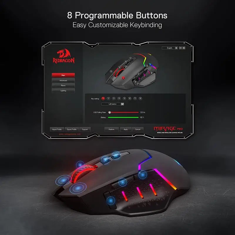 Redragon M690 PRO Wireless Gaming Mouse 8000 DPI Wired Mouse Rapid Fire Key 8 Macro Buttons for PC/Mac/Laptop