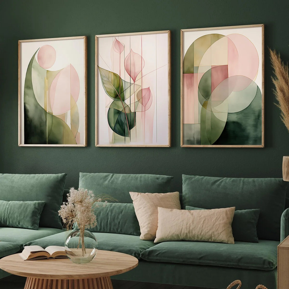3-Piece Set of Modern Green and Pink Abstract Plant Wall Art Prints Watercolor Painting Prints Plant Canvas Posters