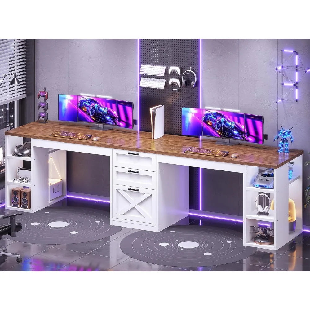 Farmhouse 96.5 Computer Desk with Drawers 2 Person Home Office Desk Gaming Double Desk with Storage Shelves Long Two