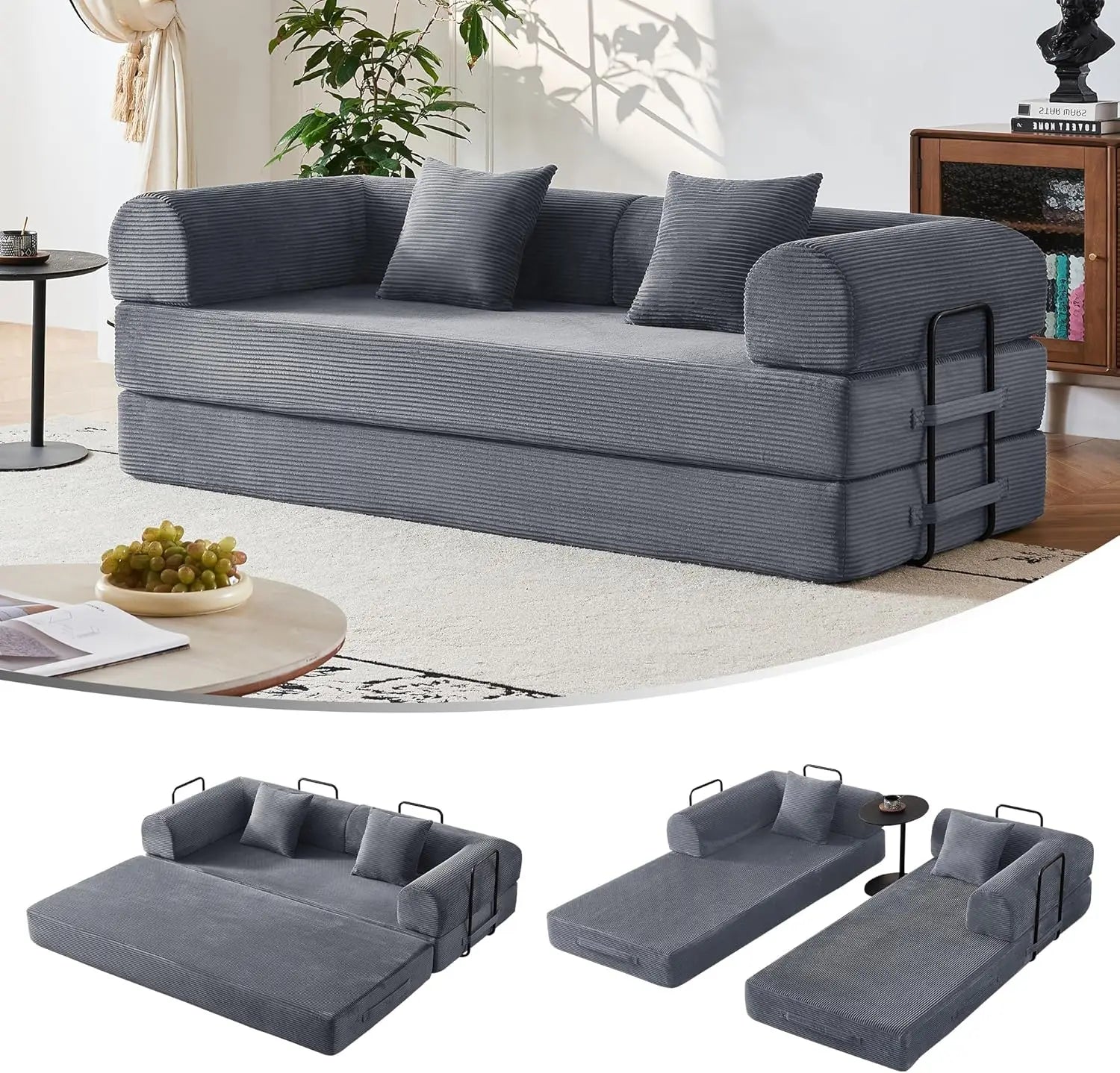 79’’ Compression Sofa Convertible Sleeper Sofa Bed Couch Bed with Fixed-Shape Frame Corduroy Floor Sofa Couches