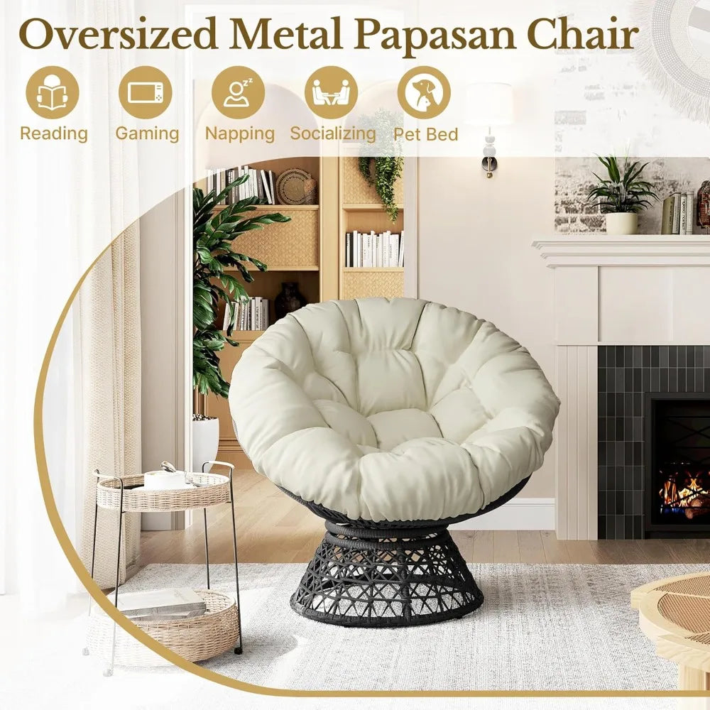 Indoor Papasan Chairs with Thick Tufted Cushions and Frame Swivel Wicker Ergonomic Lounge Reading Chairs for Living
