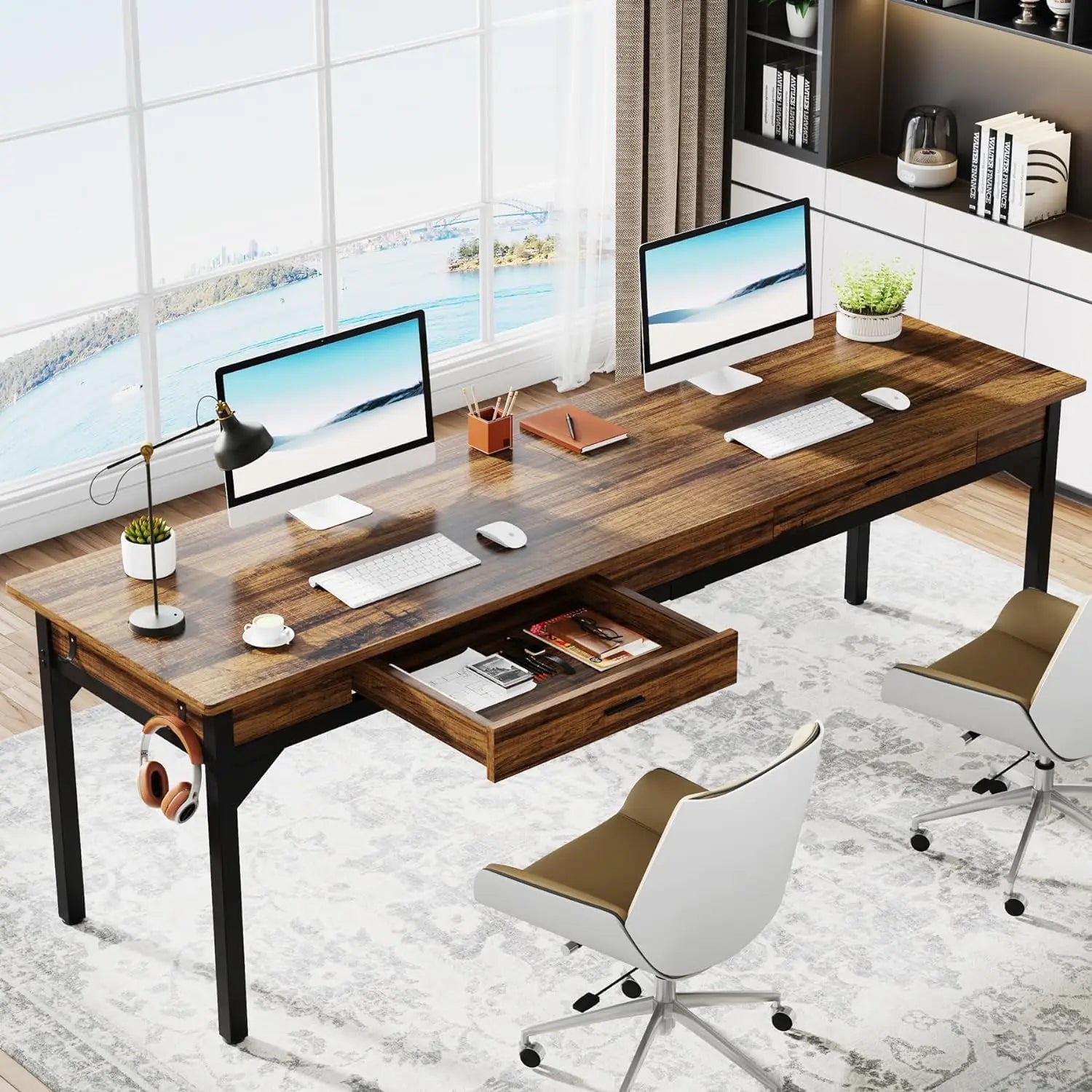 Computer Desk 200 x 60 x 82 cm Double Long Desk with 2 Drawers Office Table Work Table Office Furniture - Brown