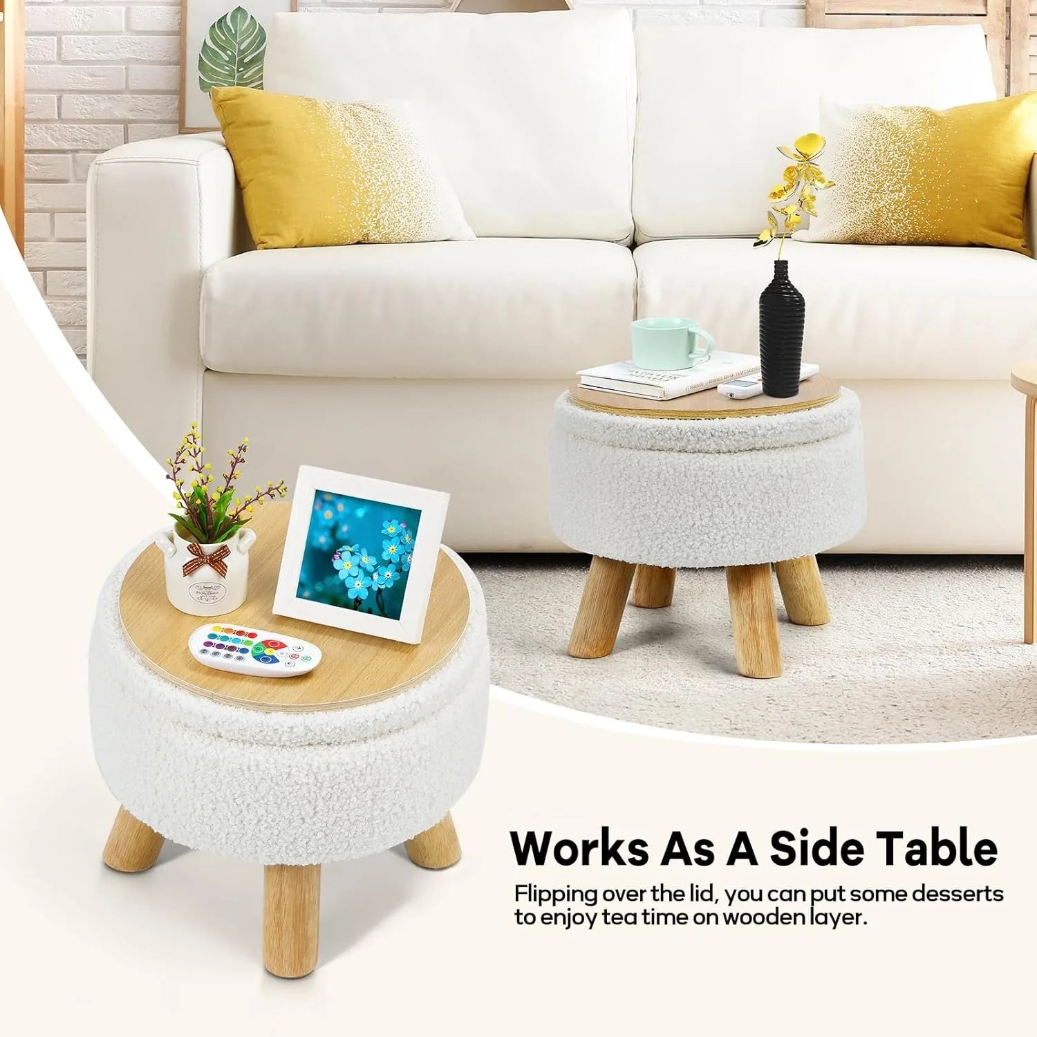 Nordic Boucle Ottoman Footstool with Storage | Round Velvet Pouf with Wooden Legs for Living Room Sofa Camel