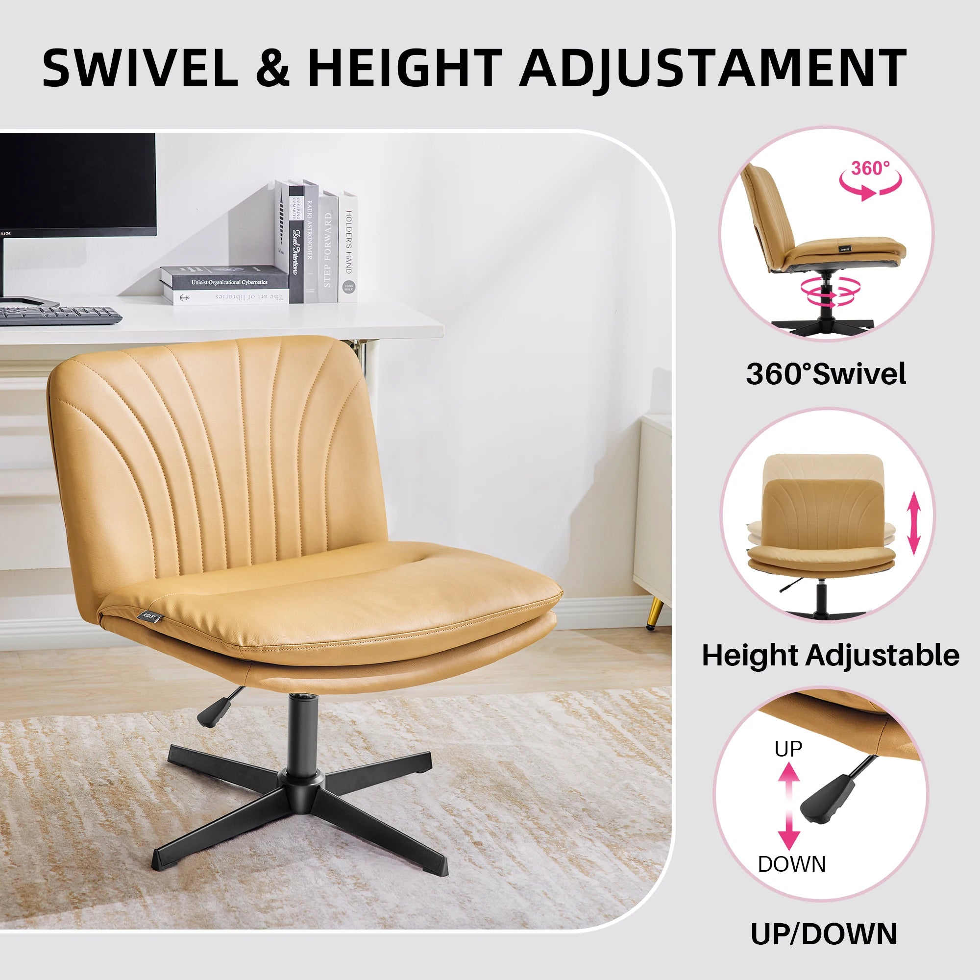 Redlife Criss Cross Chair with Rotating Adjustable Legs Office Chair Durable Pu Leather Wrapped Double Cushion for Home