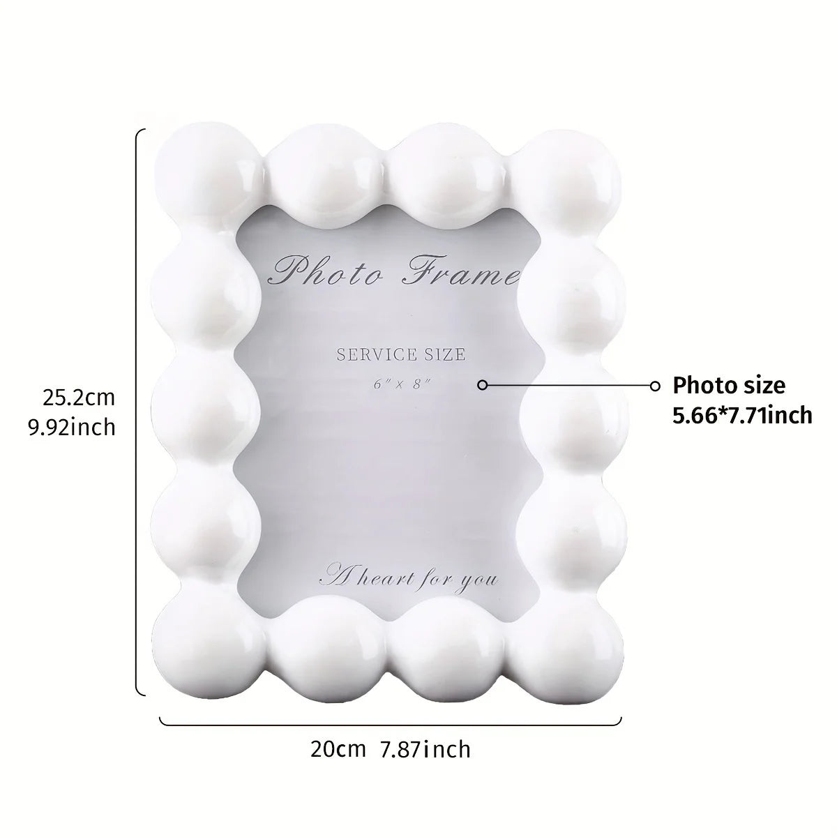 8-Inch Pearl Bubble Photo Frame - Versatile Resin Desk Display for Home/Office Modern Vertical/Horizontal Decor - White